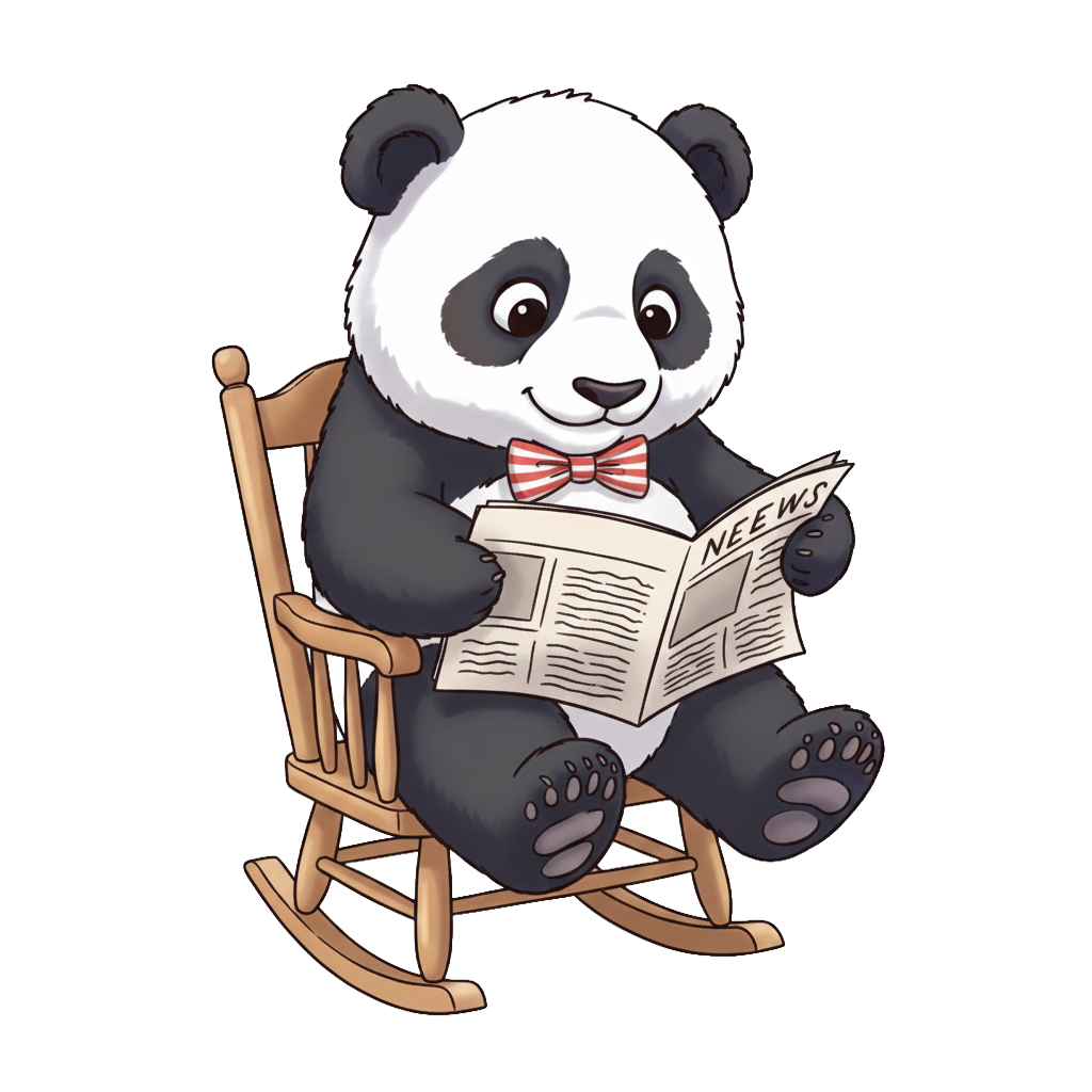 Panda AI mascot reading a newspaper in a rocking chair